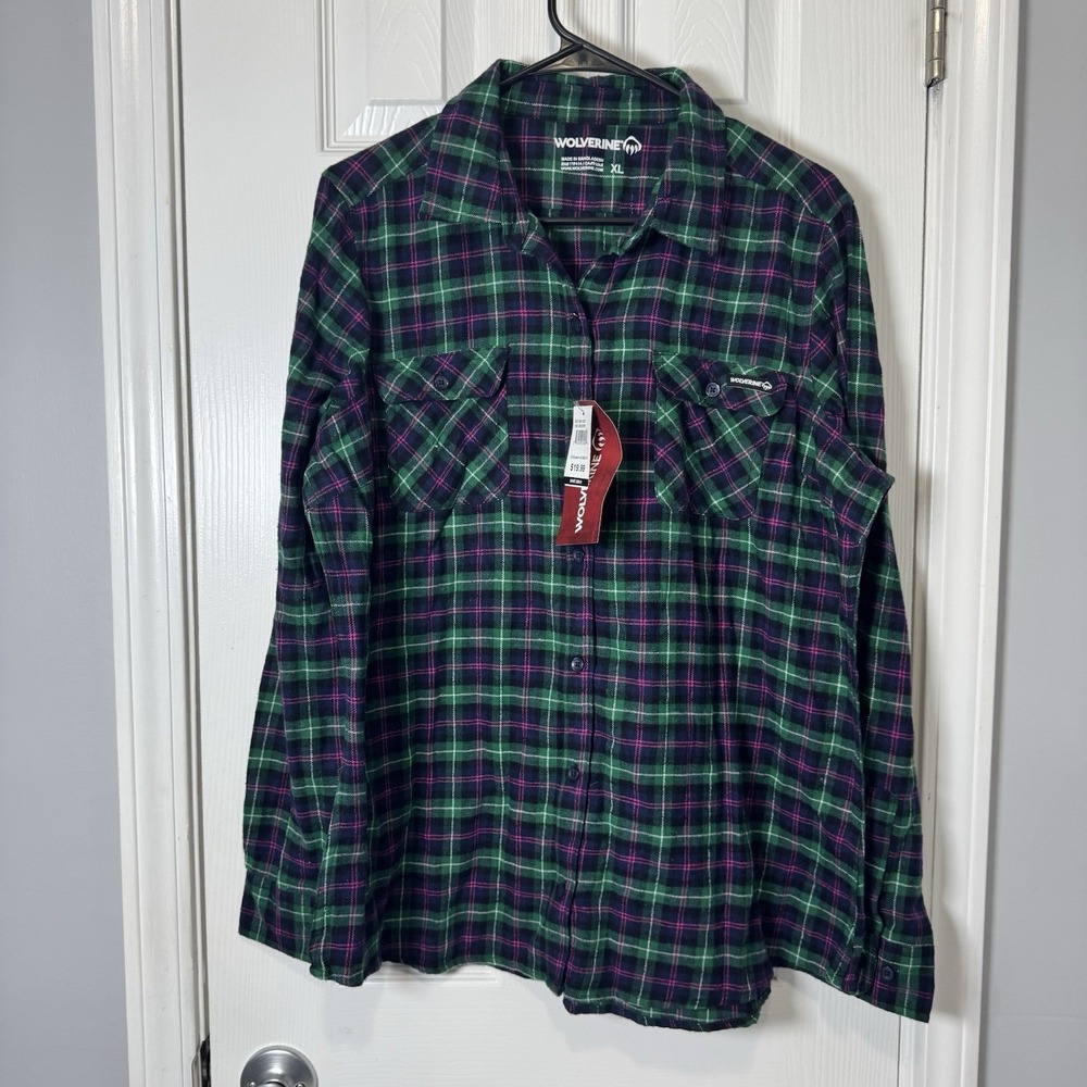 Wolverine Green/Pink Plaid Long Sleeve Fleece‎ Button Up Womens XL NWT